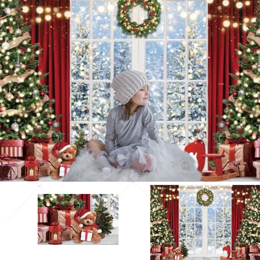 Рождественские фоны для фотосъемки зимняя занавеска окна подарки Рождество