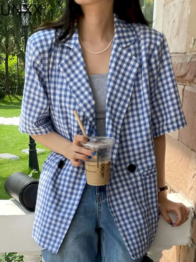 

Juspinice 2022 Summer Short Sleeves Plaid Suits Women Jackets Oversized Loose Casual Blazers Woman Streetwears Female Clothing