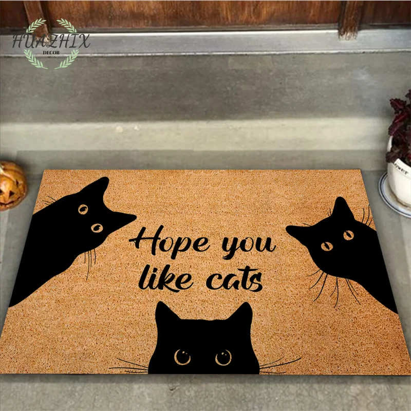 

3D Printed Mats Black Cat Decorative Hope You Like Cat Coir Pattern Print Doormats Non-Slip Bedroom Bathroom Floor Porch Rugs