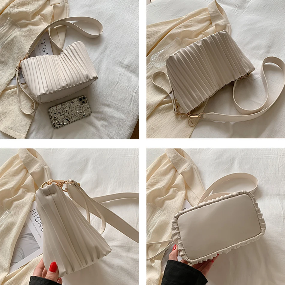 2023 Summer Trendy Ruched Bucket Bag for Women Luxury Designer PU Leather Handbag Shoulder Crossbody Bags Travel  Hand Bag Totes