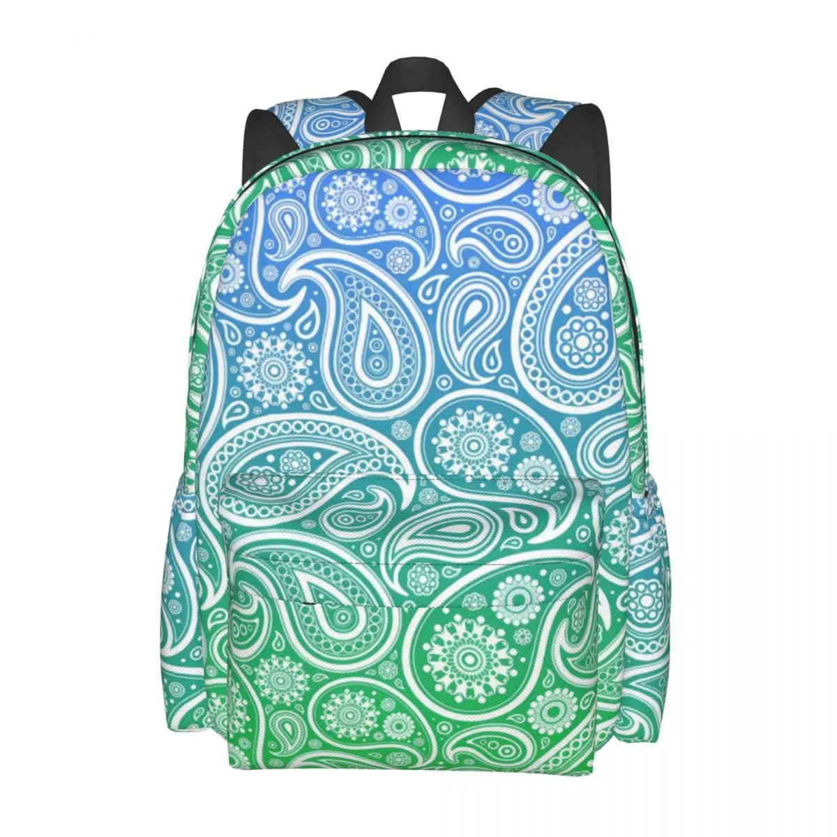 

White Paisley Backpack Blue to Green Ombre Female Polyester Cycling Backpacks Lightweight Casual School Bags Rucksack