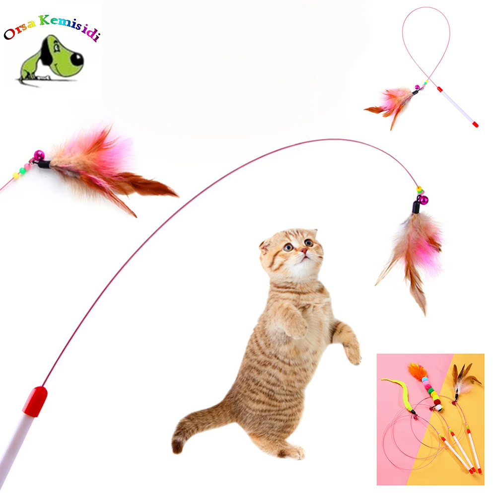 

Colorful Feather Cats Teaser Stick Natural Cat Scratcher Interactive Cat Toy With Small Bell Funny Kitten Playing Teaser Wand