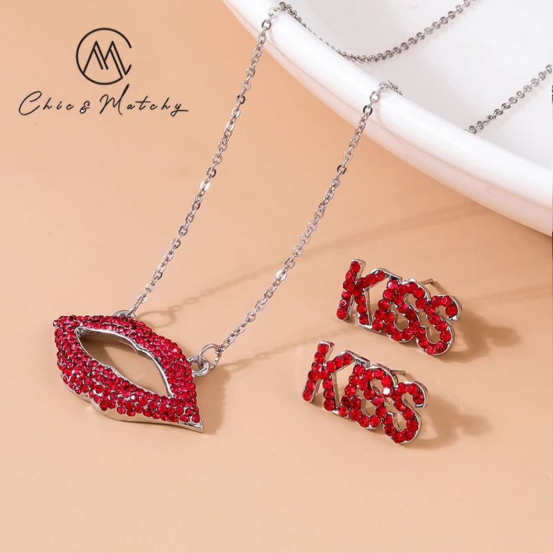 

Chic Matchy Crystal Stone Jewelry Sets Lips Pendant Necklace Crystal Stone Letter KISS Post Earrings Stud Daily Wearing Jewelry