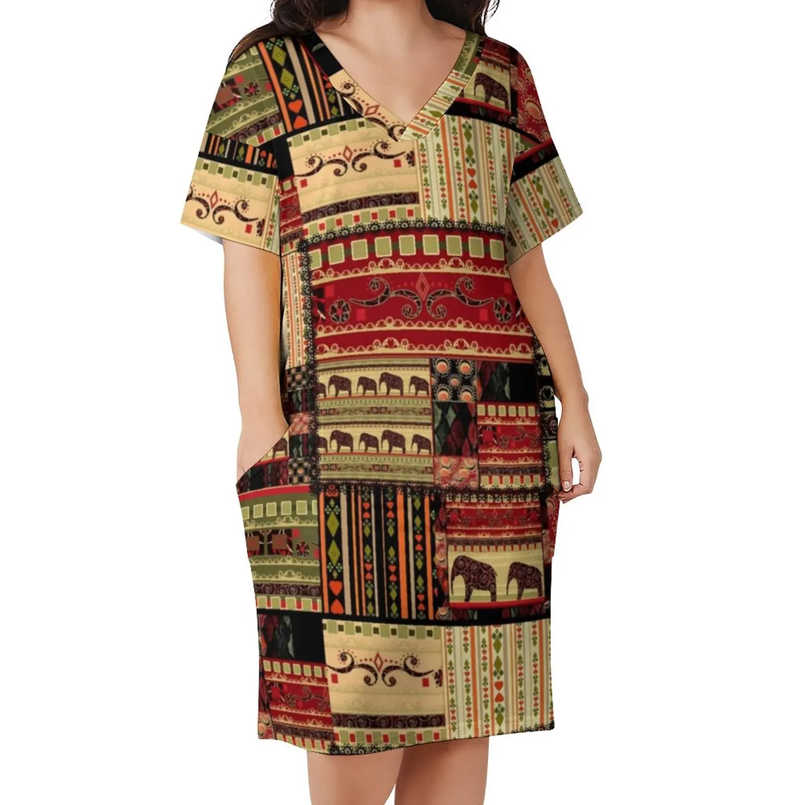 

Indian Elephant Casual Dress Summer Retro Patchwork Print Elephants Club Dresses Women V Neck Korean Fashion Dress Big Size