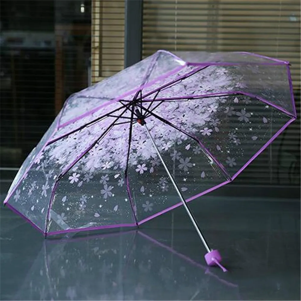 

Portable Uv Folding Umbrella For Women Windproof Umbrellas Travel Transparent Clear Flowers Bubble Dome Cute Designer Paraguas