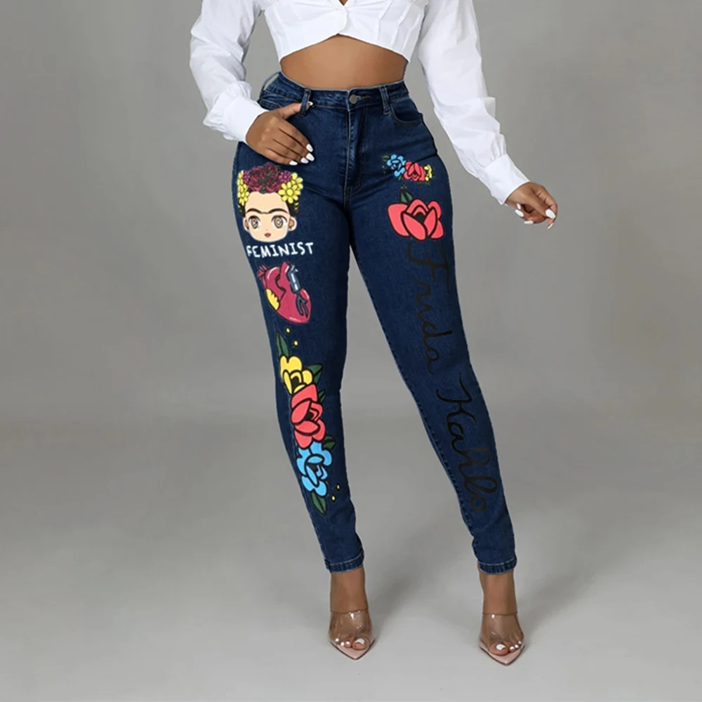 

cute print skinny jeans women high waist push up stretchy blue ladies classic denim pants autumn winter trousers y2k aesthetic