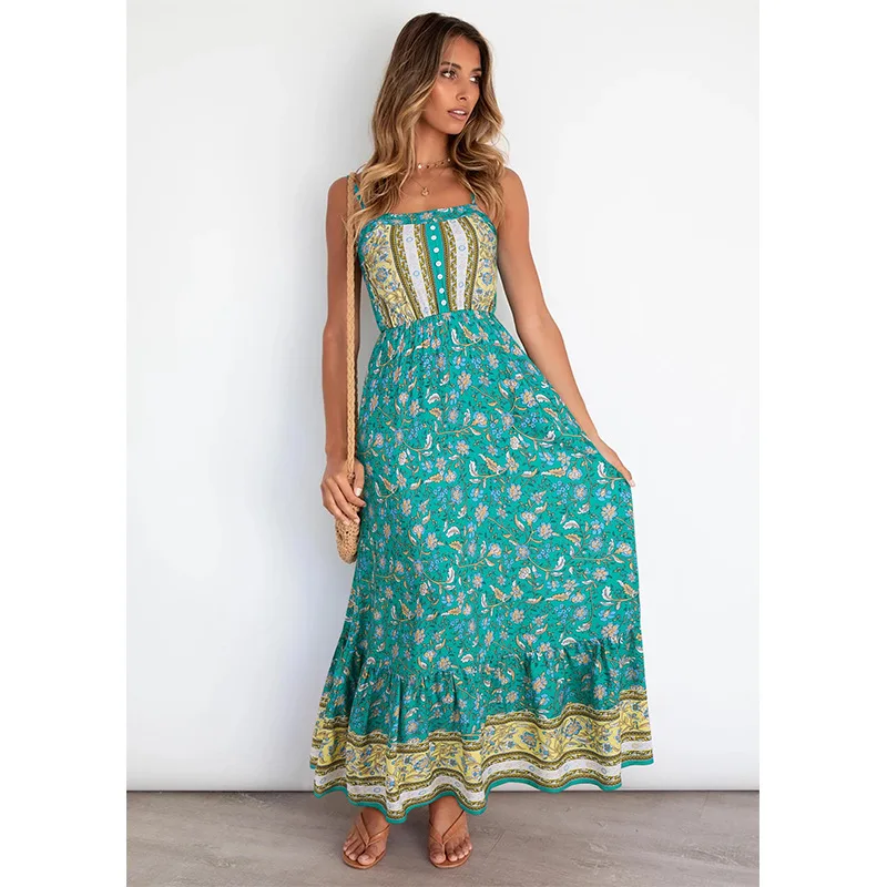 

Flower Print Sexy Suspenders Backless Beach Dresses High Waist Slim Long Boho Dress for Women Summer Splice Pleated Maxi Dress