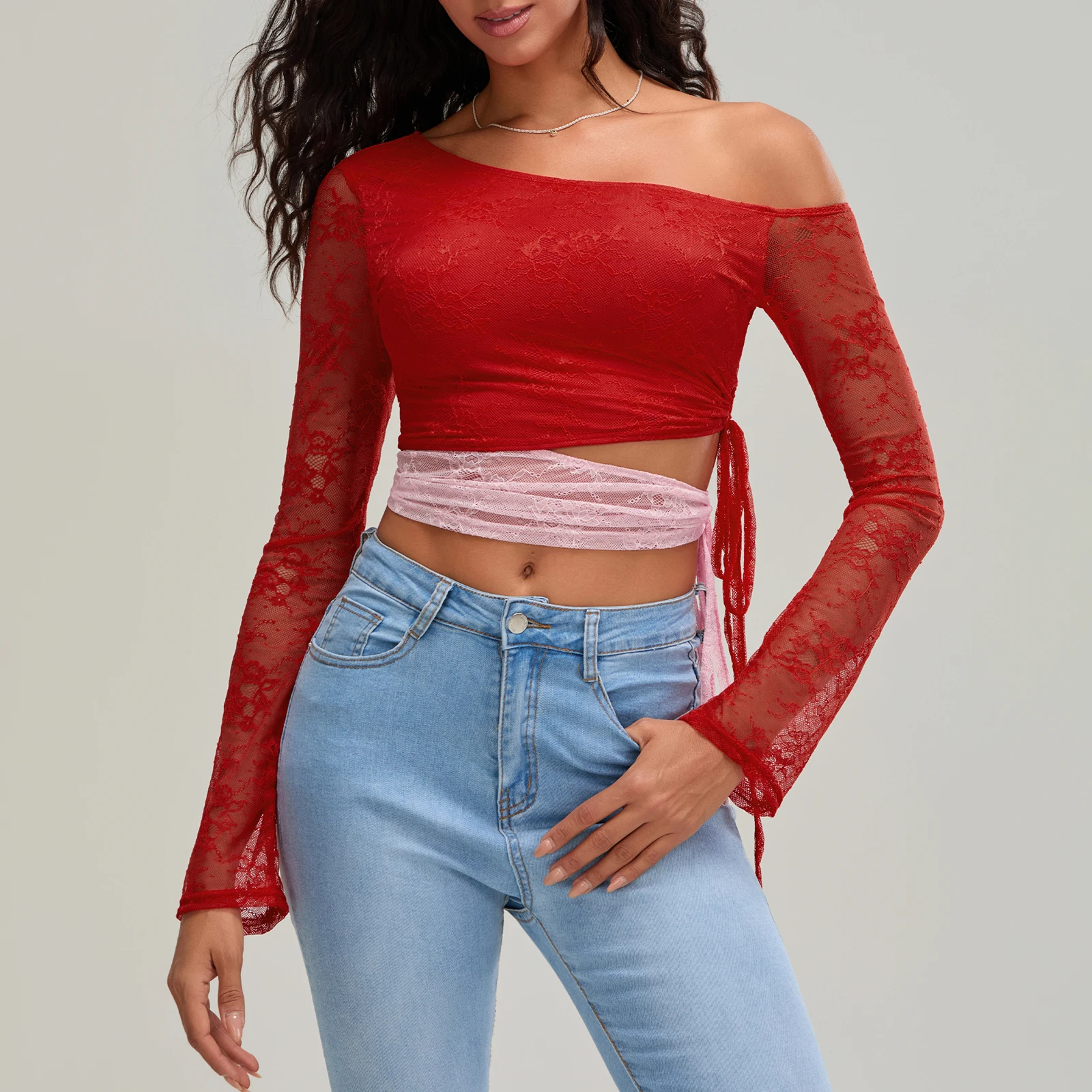 Fashion Sexy Lace Women T-shirt Long Sleeve Oblique Neck Patchwork Hollowed Tops Slim Clubwear