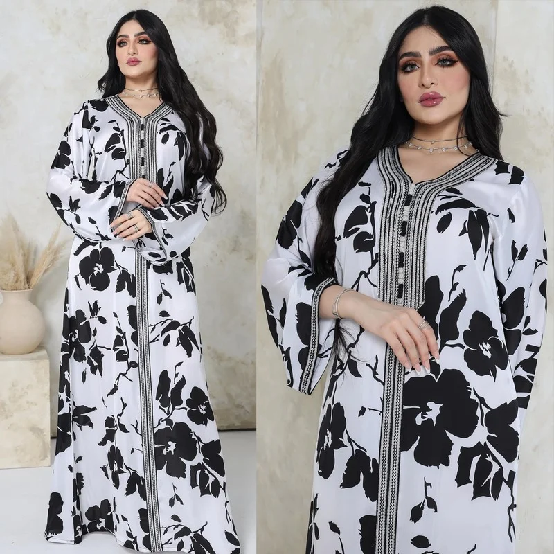 

Ramadan Eid Muslim Fashion Knitted Lace Black and White Printed Dress Abaya Robe Abaya Dubai Moroccan Kaftan Indian Dress Women