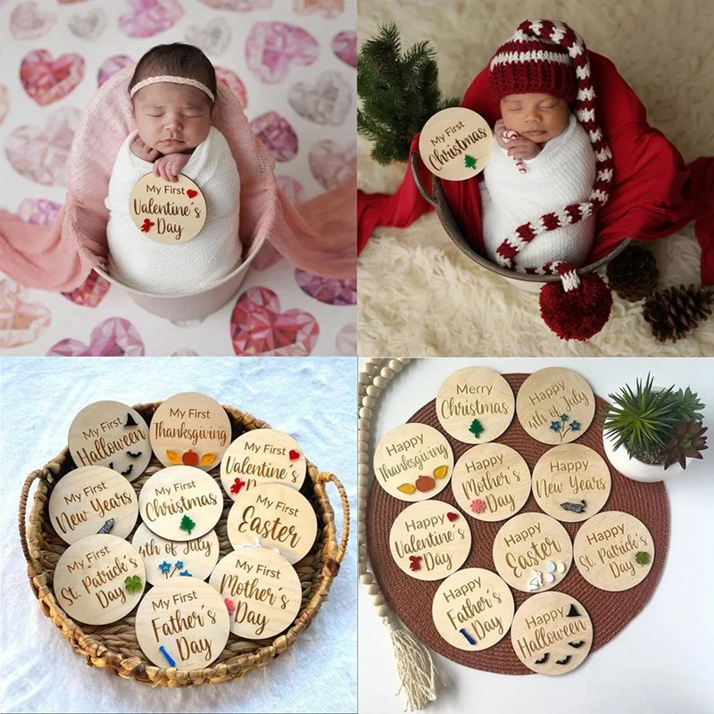 

10 Pcs Baby Holiday Milestone Cards Decoration Set Rustic Wooden Baby Months Signs Ornaments Newborn Photography Prop Durable A