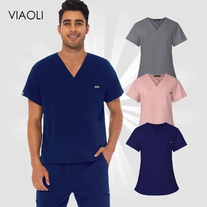 Wholesale High Quality Medical Uniform Solid Color Nursing Scrubs Tops Women Men Uniforms Pet Clinic Nurse Doctor Work Clothes