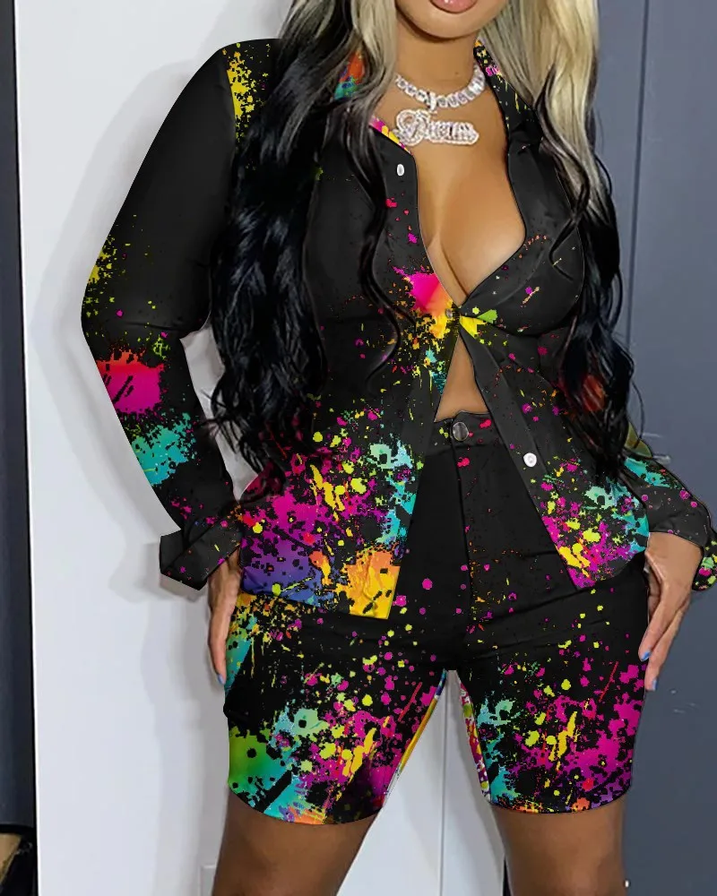 

Женский летний модный пикантный повседневный костюм рубашки с отложным воротником и длинным рукавом шорты женский облегающий костюм-пулов...