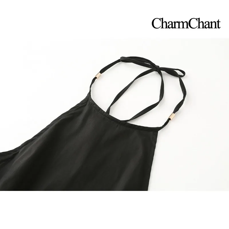 Фото Женское черное платье-миди CHARMCHANT с завязками на шее, летнее, с открытой спиной, высокой талией, А-силуэта, длинное, для пляжного отдыха, сарафан. №3