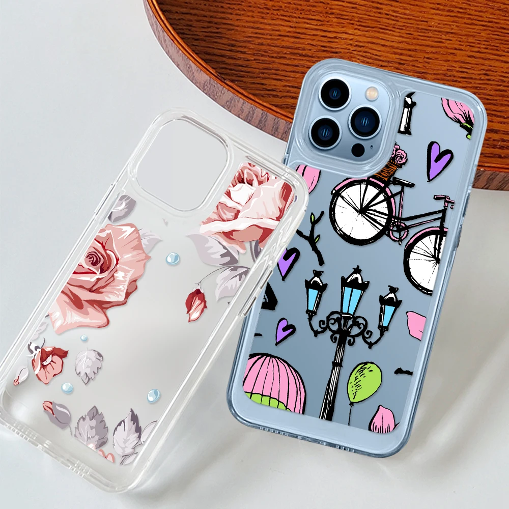 

Clear Phone Case for iPhone 14 13 12 11 Pro Max Mini XS XR X Cartoon Protection Shell Back Cover for iPhone14ProMax Flower Funda