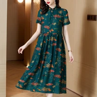 2022 floral natural silk midi cheongsam dress summer short sleeve elegant loose dress women korean vintage casaul party dress