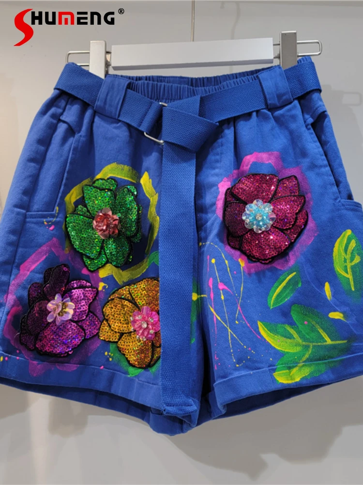 

Koean Style Oversize Sequins Elastic Waist Denim Shorts Loose Vintage Embroidery Printed High Waist Hot Pants Trendy 2022 Summer