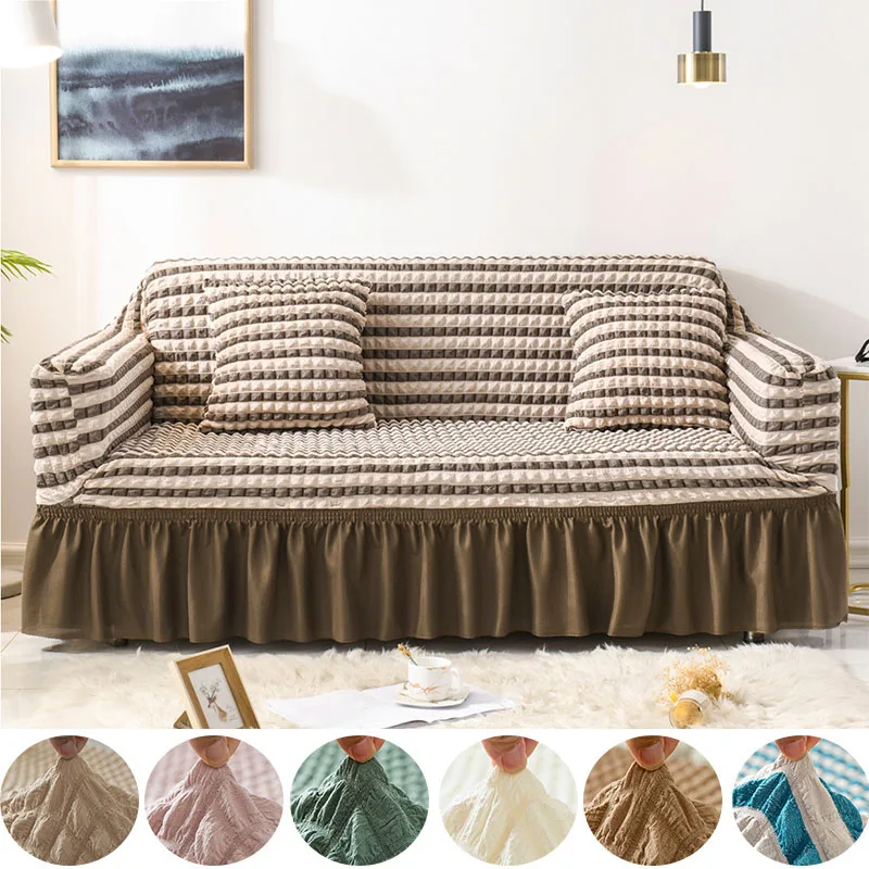 

Ruffled Seersucker Sofa Covers 1/2/3/4 Elastic Seater Stretch Seat Cushion Slipcovers for Living Room Furniture Protector