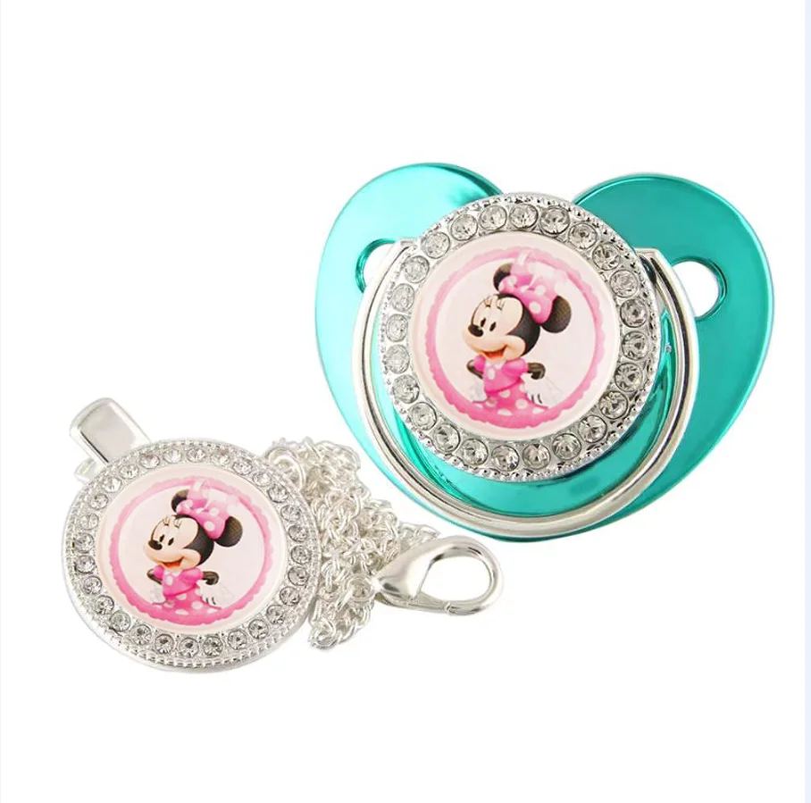 

Disney Minnie Mouse Print Bling Newborn Pacifiers with Pacifier Chains Bebi Metallic Teal Green Children Luxury Dummy Soother