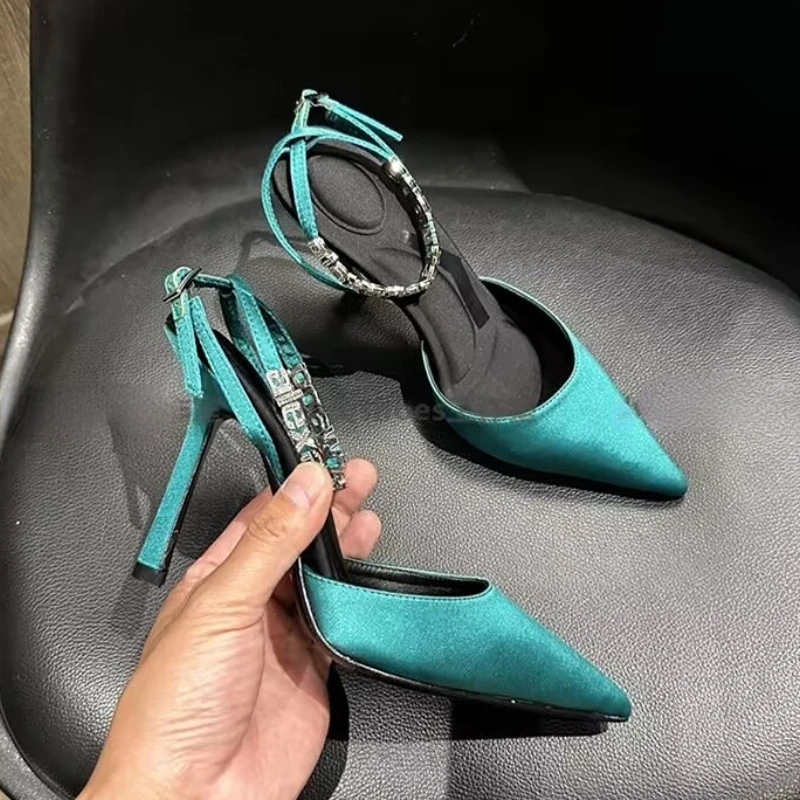 Women's Sandals  Spring/Summer New Fashion Banquet Rhinestone Letter Buckle Baotou High Heel Pointy Sexy Thin Heel Hollow Shoes