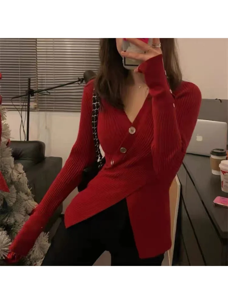 

Женский трикотажный пуловер с V-образным вырезом и длинным рукавом