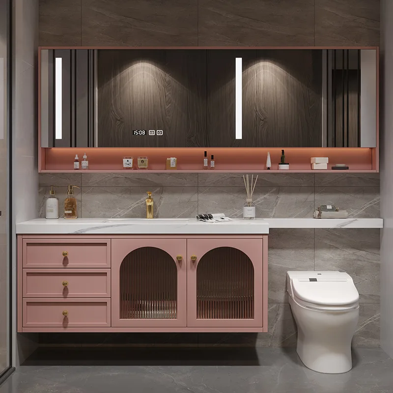 

Light luxury slate bathroom cabinet combination French cream style bathroom vanity extended toilet oak hand washing