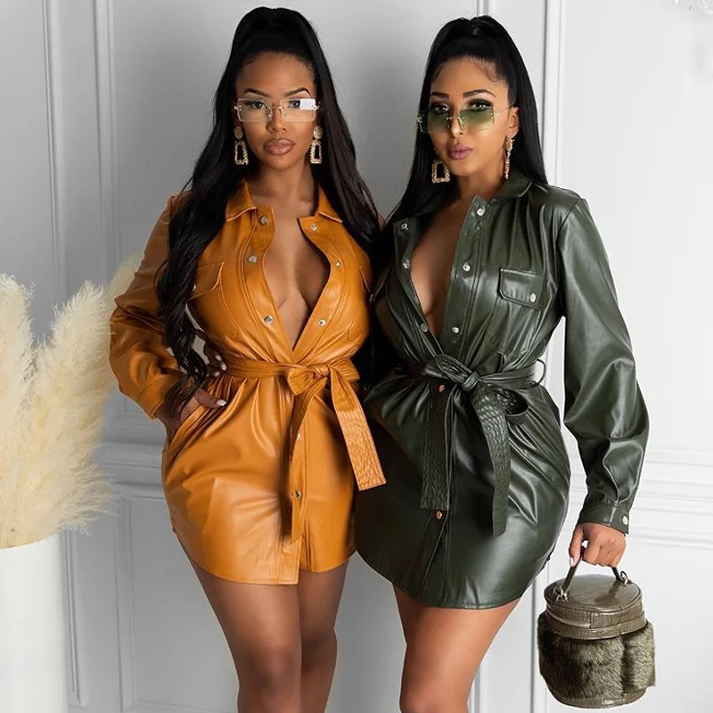 

Large size women's autumn and winter long-sleeved lapel corset PU leather dress