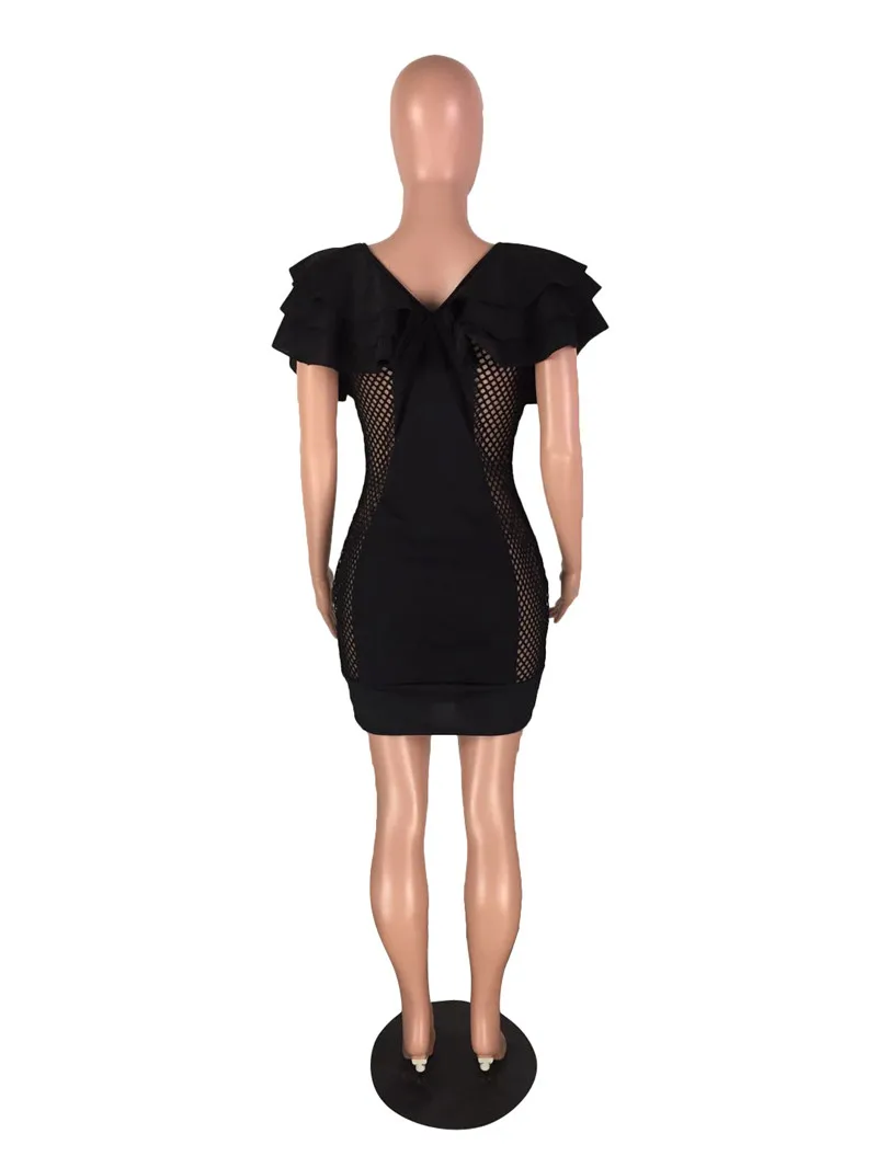 Layered Flounce Black Bodycon Dress Women Short Sleeve Summer Dresses 2022 Sexy Side Hollow out Ruffle Elegant Party | Женская одежда