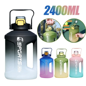 2400ML Large Capacity Water Bottle Gradient Color Time Marker with Handle Strap Wide Mouth Opening Outdoor Sport Fitness Gym Cup 1