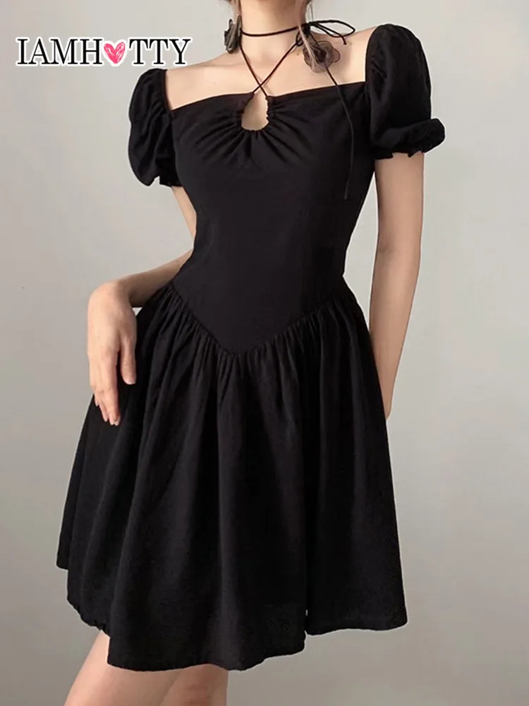 

IAMHOTTY Mesh Flower Lace-up Black Mini Dress Korean Fashion Cute A-line Party Dresses Casual Elegant Ball Gown Dress Kawaii 90s