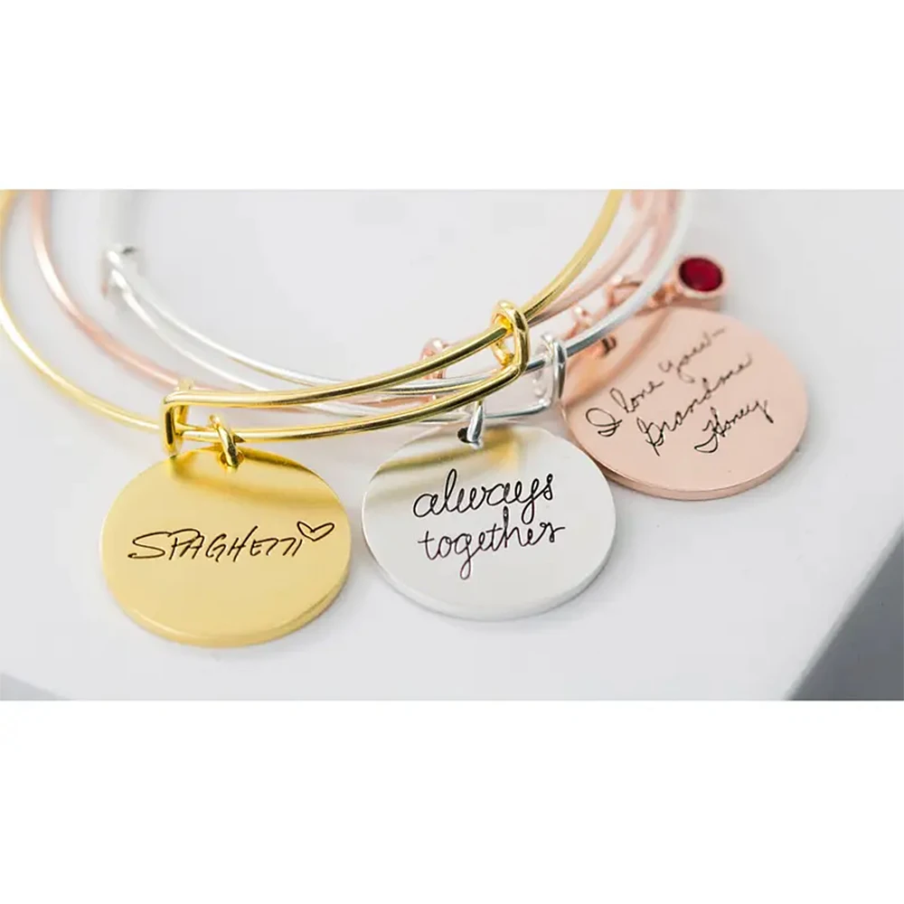 Custom Bangle for Women Personalized Engraved Name Round Pendant with Birthstone Charms Bracelets Stainless Steel Jewelry Gifts