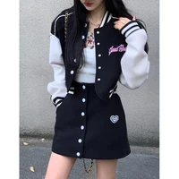 women dress sets crop suit baseball jacket skirt 2 pieces set button up black springautumn 2022 hip hop sexy coats clothes