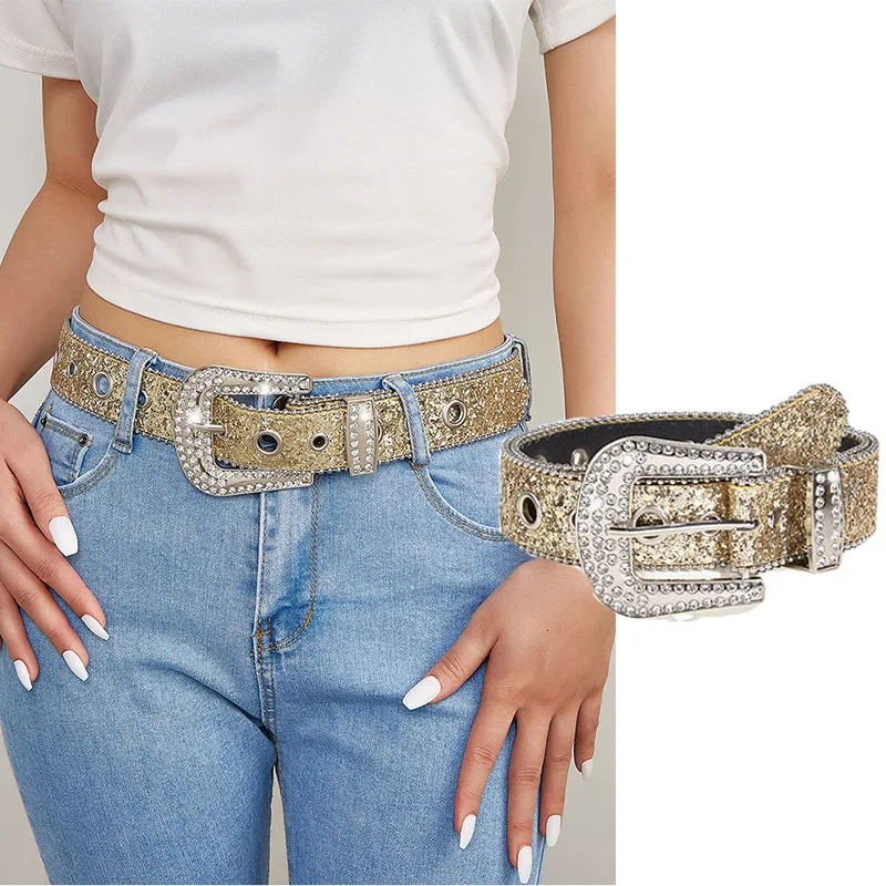 Fashion Sequin Gold Rhinestone Belt for Women Y2K Luxury Designer Pin Buckle Waist Strap Female Jeans Trouser Decor Waistband