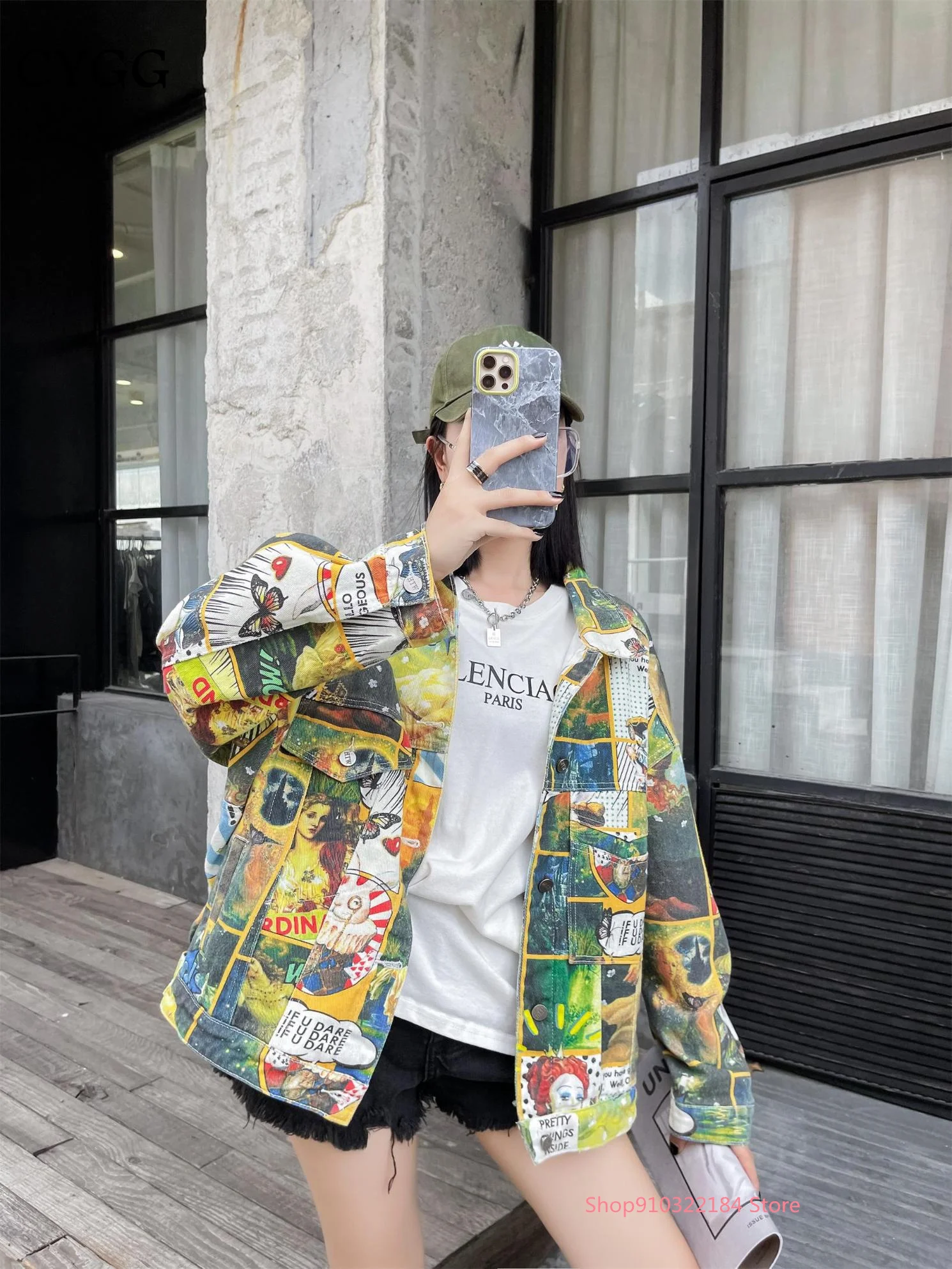 European Station 2022 New Women's Spring and Autumn Tops Denim Jacket Oil Painting Printing Fried Street Thailand Tide Brand