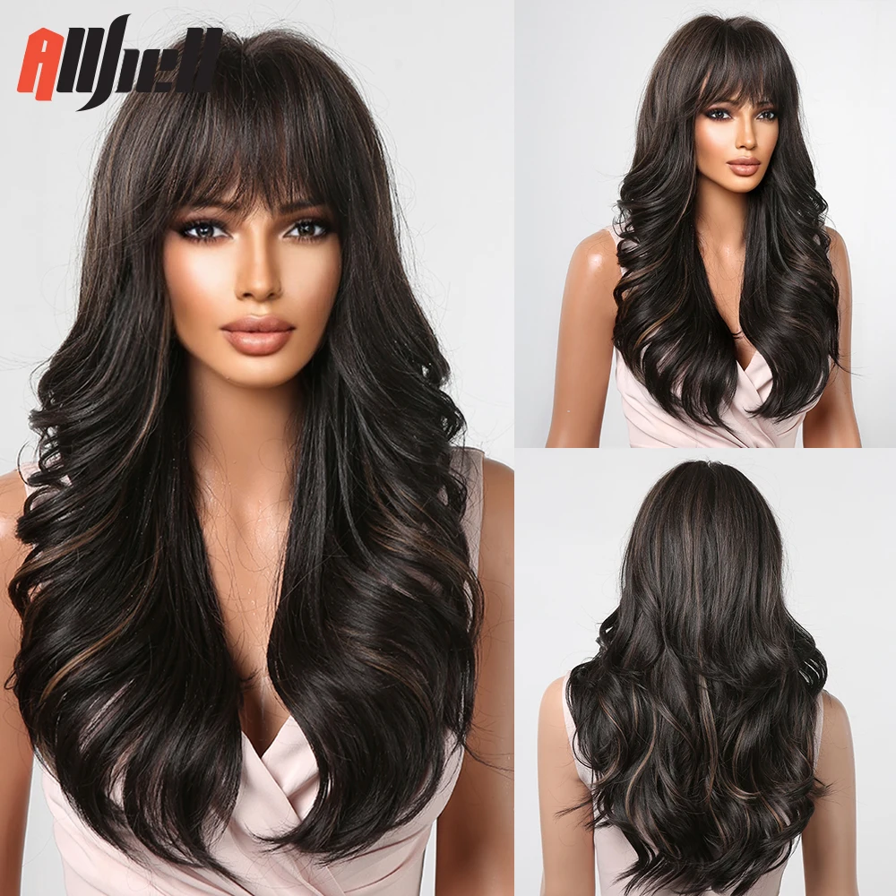 

Synthetic Wigs with Bangs Long Wavy Black Hair Wig with Highlights Fashion for Women Afro Daily Heat Resistant Fiber Wigs