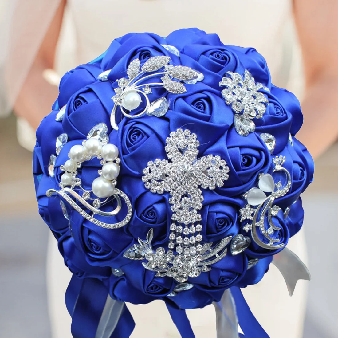 

Fashion Royalblue Satin Silk Rose Rhinestone Bouquet Bridal Accessories Handmade Artificial Flower Wedding Diamond Bouquet W235