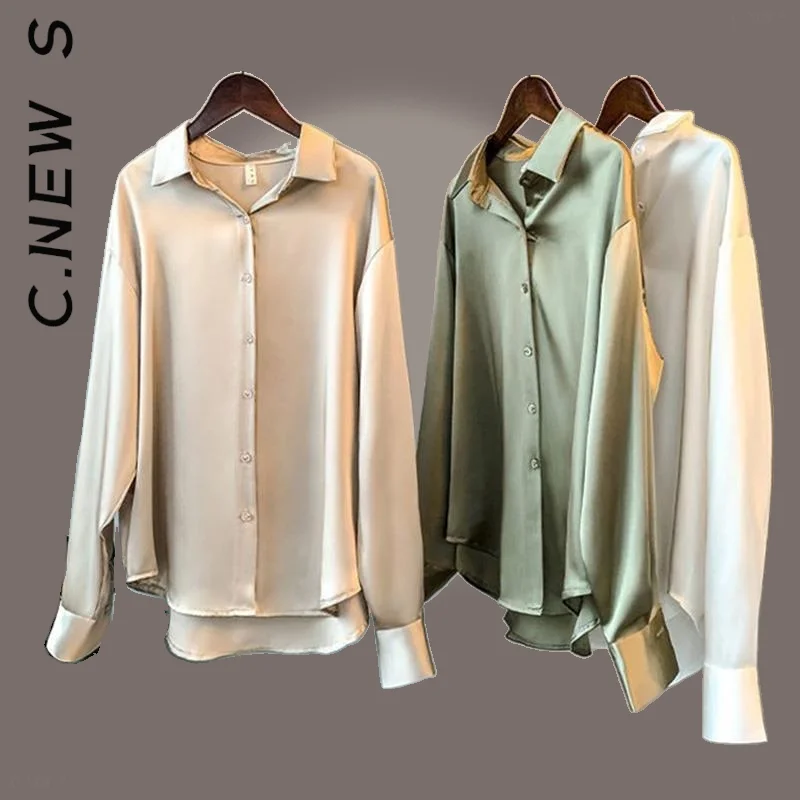 

C.New S New Shirt Women Basic Slim Shirts Satin Imitation Silk Shirts Long Sleeve Friends Office Lady Top Ladies Tops Female
