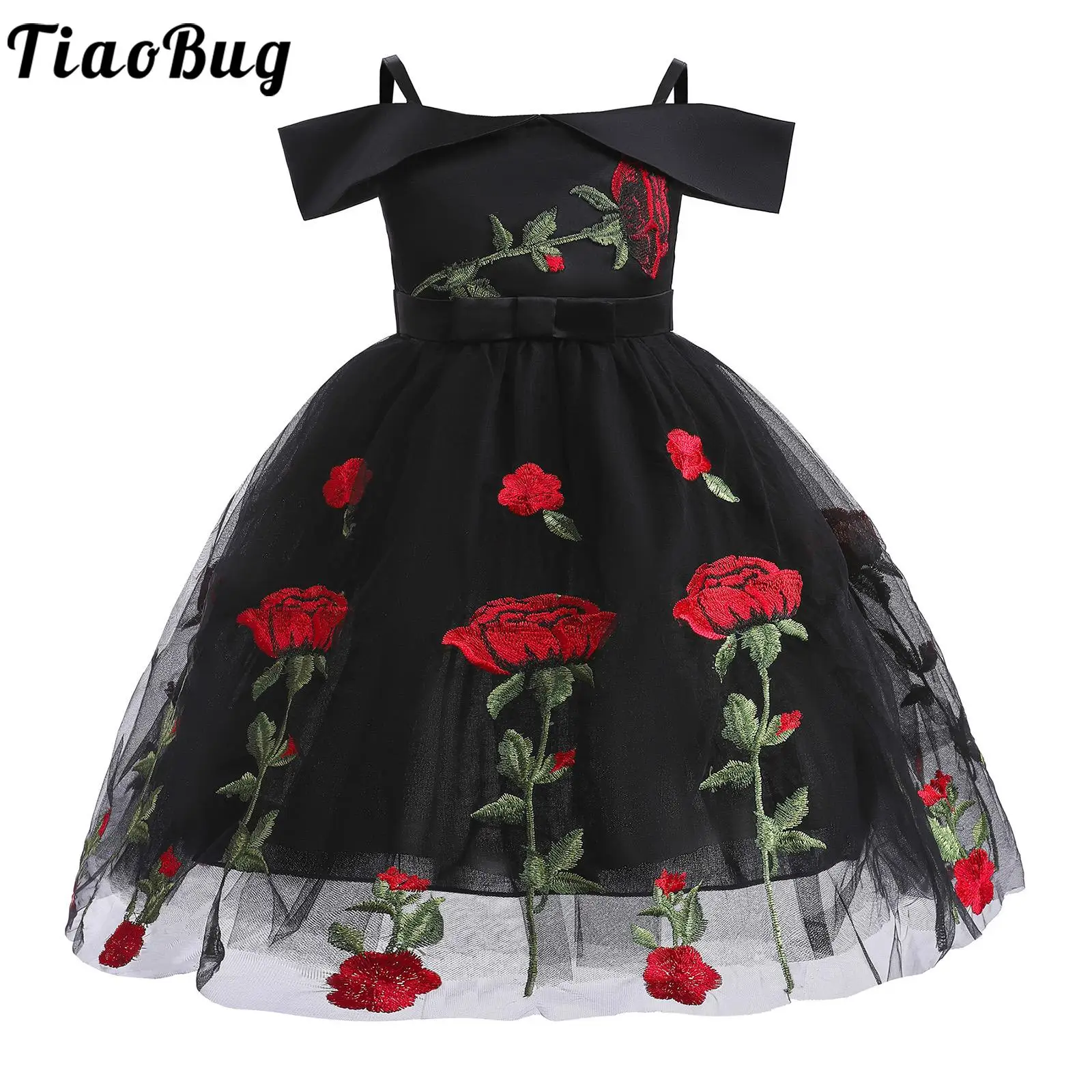 

Kids Girls Vintage Rose Embroidery Princess Dress Off-Shoulder Fluffy Tulle Hem Tutu Dresses Pageant Birthday Party Wedding Gown