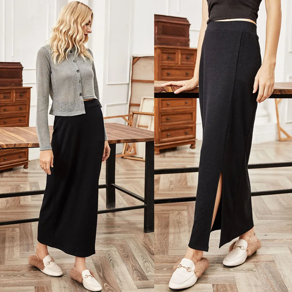 

Solid Black Women Skirt Vintage Spring Autumn Straight Long High Waist Girls Pencil Skirts Ankle Length Side Slit Ladies Bottoms