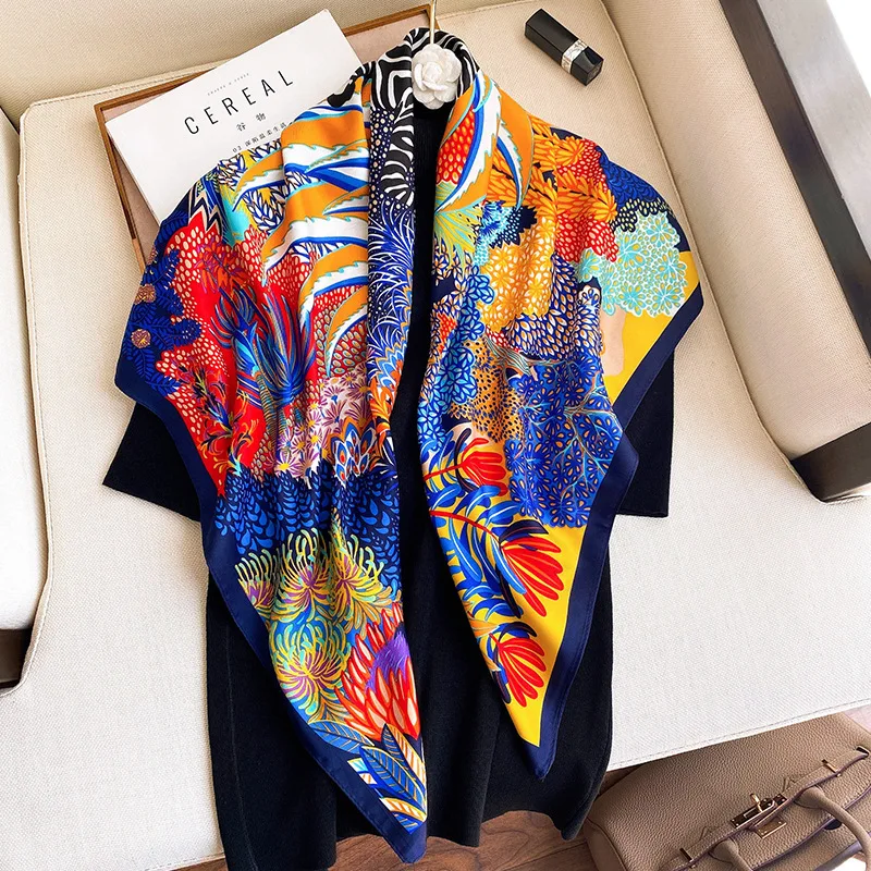 

90cm Square Scarf Silk Women Luxury Brand Print Animal Shawls Wraps Foulard Hijabs Hair Neck Scarves for Lady Kerchief Bandana