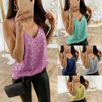 stylish bar women tank top sequin glitter strappy tops ladies sexy sparkle camis v neck swing vest clubwear party nigtht tanks
