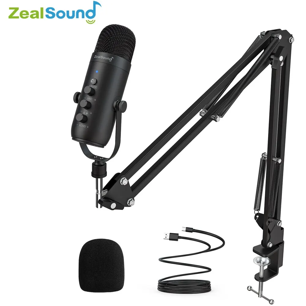 Zealsound Professional USB Streaming Podcast PC Microphone Studio Cardioid Condenser Mic Kit with Boom Arm For Recording