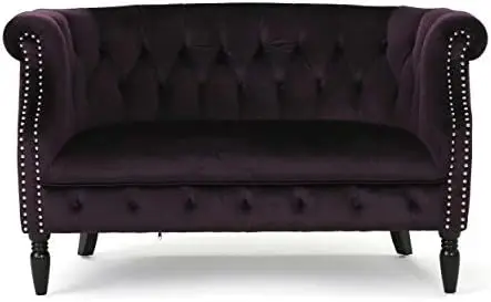 

Tufted Chesterfield Velvet Loveseat with Scrolled Arms, BlackBerry and Dark Brown