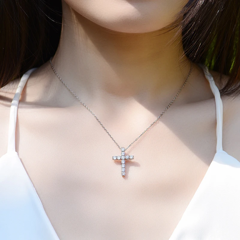 KNOBSPIN Full Moissanite Cross Pendant Necklace Original 925 Sterling Sliver Chain Plated 18k White Gold Fine Necklace for Women images - 6