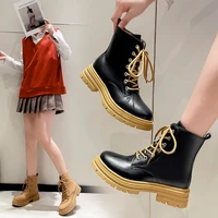autumn winter ankle boots women square low heels platform boots thick bottom lace up solid leather motorcycle boots for women