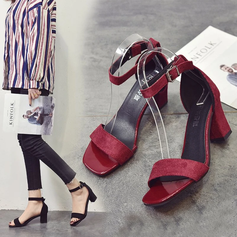 

Women Chunky Heel Sandals Suede One-Line Buckle Open Toe High Solid Color Fashion 2022 New Arrivals Shoes for