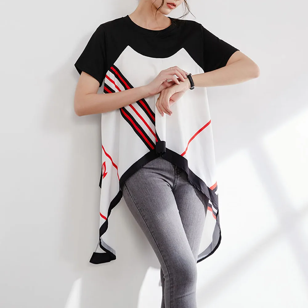 

Stripe Print Asymmetric T-Shirt Women Summer Geometric Color Block Patchwork Tees Fashion Casual Girl Tops Streetwear Dating OL