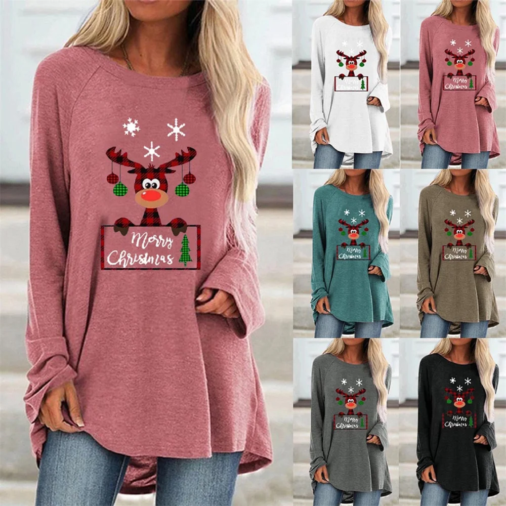 2023 Autumn/Winter Women's Raglan Long Sleeve 3D New Christmas Tree Print Round Neck Long Sleeve Medium Long T-shirt Fashion Top