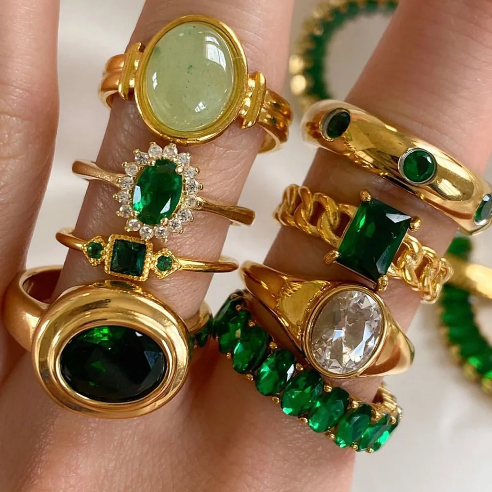 

Women's Fancy Luxury 18k Gold Stainless Steel Ring Geometrical Green Gem Zircon Emerald Elegant Party Daily Stylish Vintage Ring