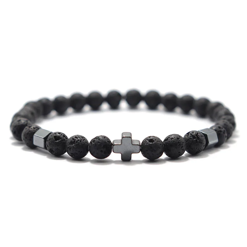 Мужской браслет с простым крестом 6 мм натуральный красный лаванда говлит