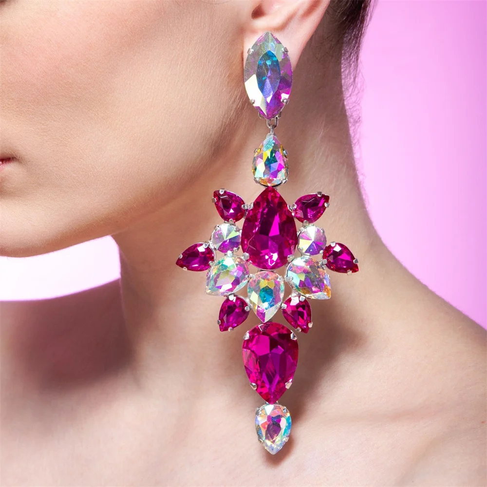 

Exquisite Shiny Rose Red AB Color Crystal Pendant Earrings Bohemian Bridal Wedding Ultra Flash Big Gem Earring Jewelry Wholesale